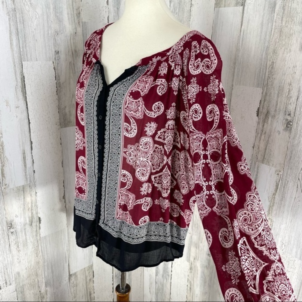 Lucky Brand Women’s Red Black Paisley Print Button Down Long Sleeve Blouse Top M